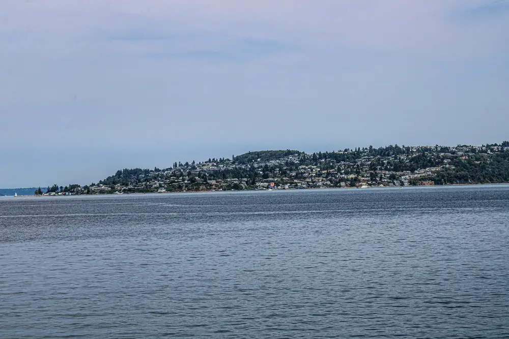 Wide view across Puget Sound water to a wooded island shoreline